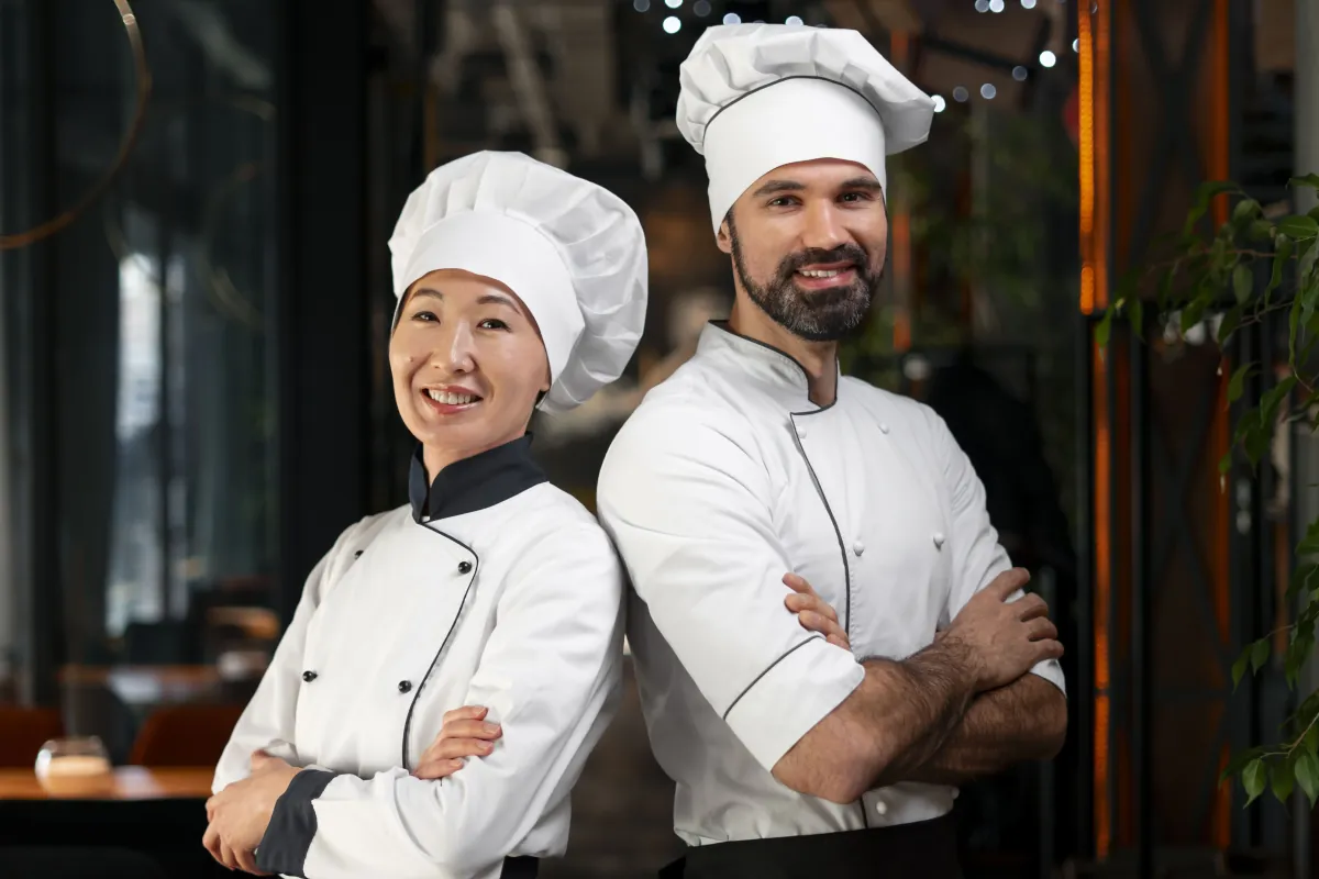Two chefs standing together in their restaurant