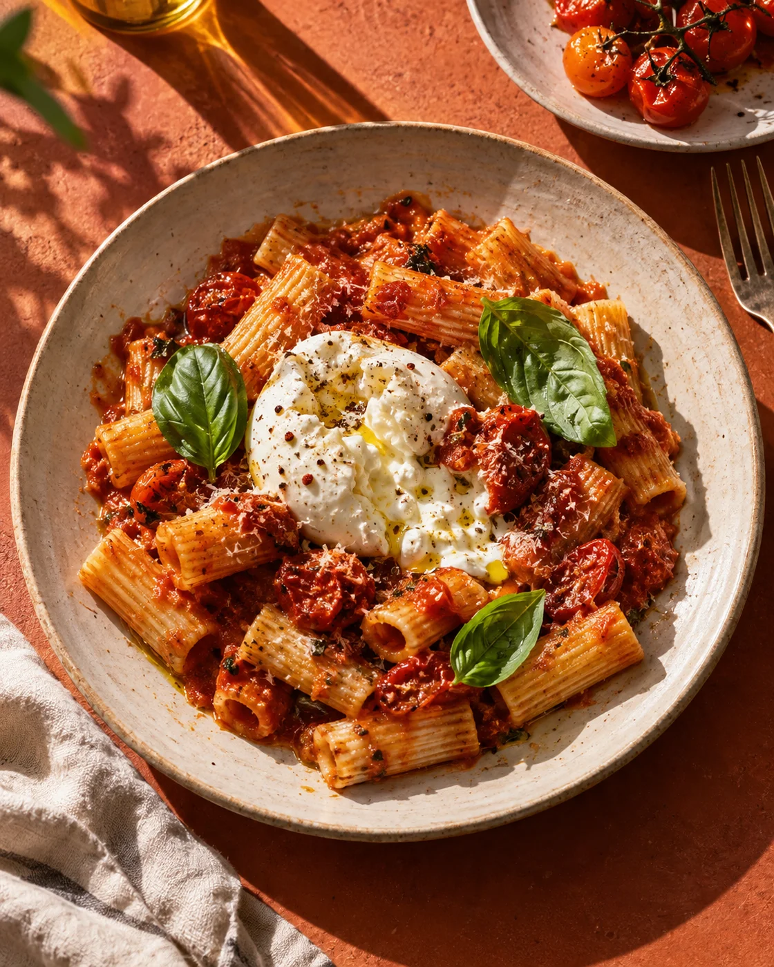 Fresh rigatoni with burrata, tomato sauce and basil in warm afternoon sunlight