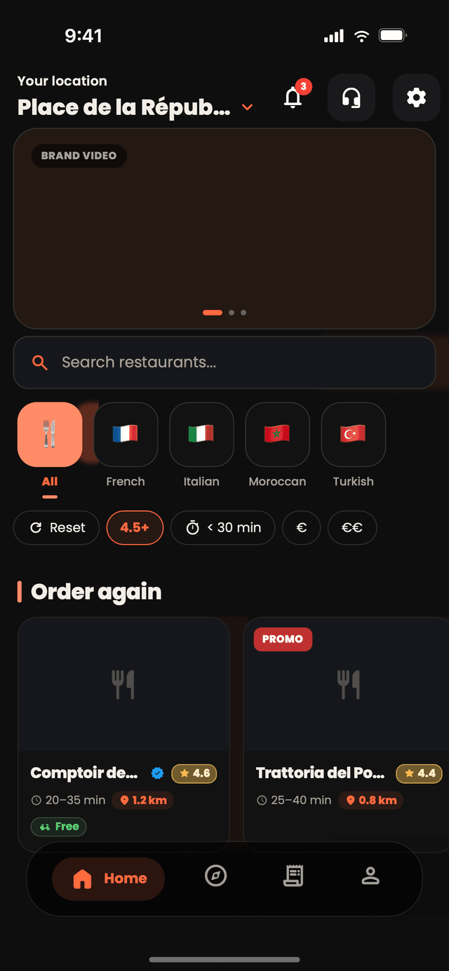 The Nibblify Food home screen: your location, cuisine filters and the restaurants nearest you